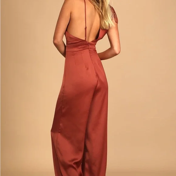 Lulu’s Look of Luxe Rusty Rose Satin Asymmetrical Wide-Leg Jumpsuit - Picture 3 of 7